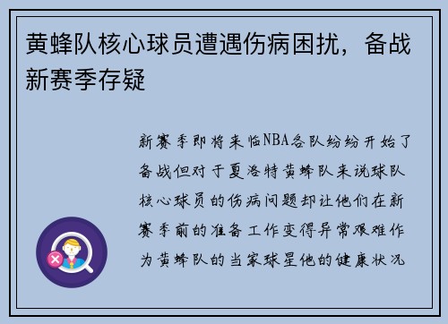 黄蜂队核心球员遭遇伤病困扰，备战新赛季存疑